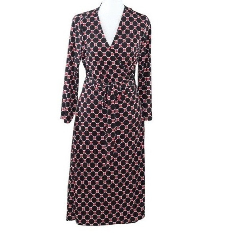 Dailylook Renee C Black Red Geometric Circle Print Faux Wrap‎ Midi Dress Large